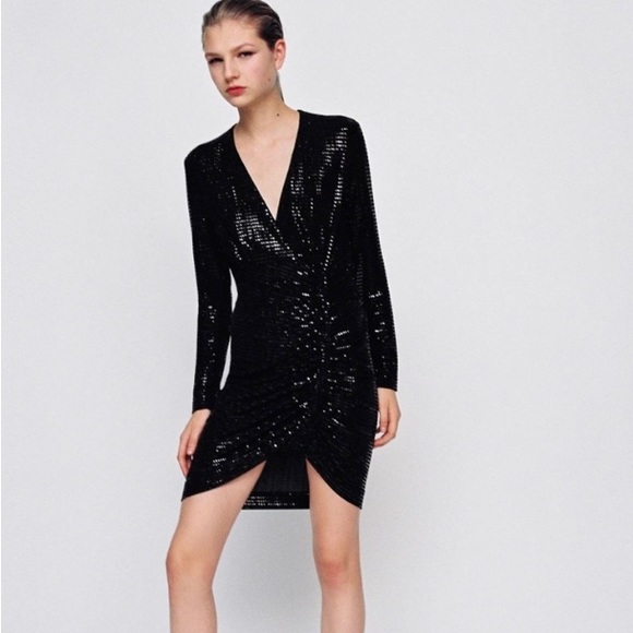 NWT Zara Black Sparkly Ruched Festive Party Dress - Picture 13 of 17